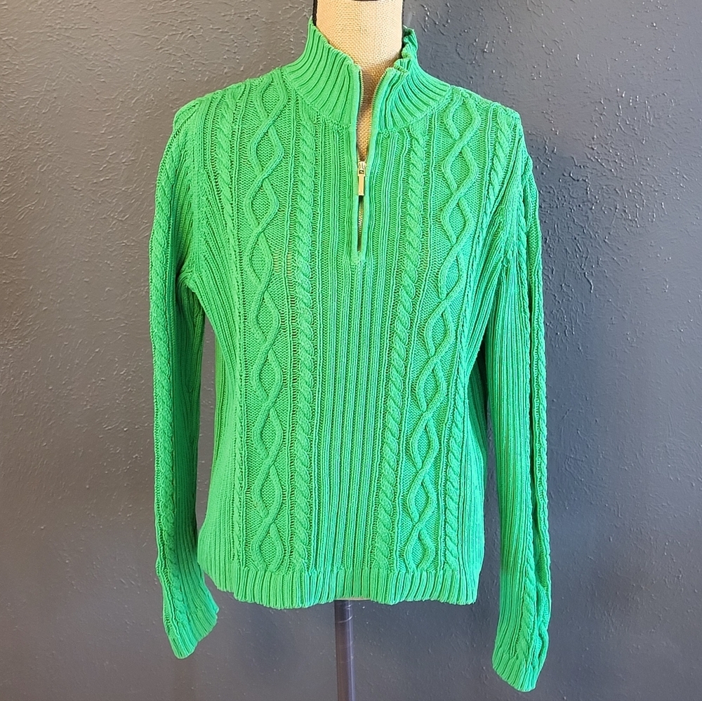 Chaps Green Cotton Cable Knit Sweater 1/4 Zip Front
